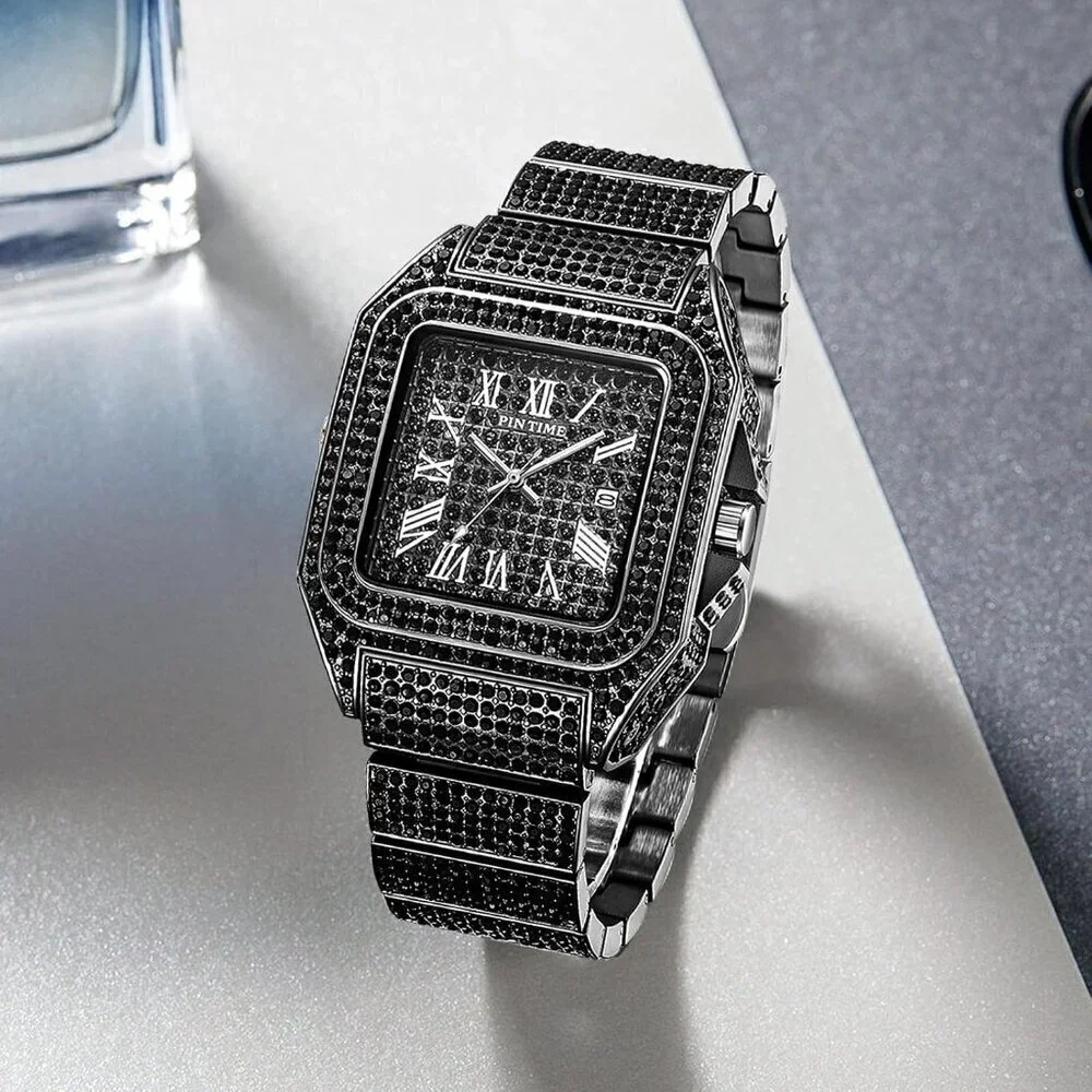 🆕Gosasa Analog Quartz Men Black Fashion Crystal Stainless Bracelet Wristwatch